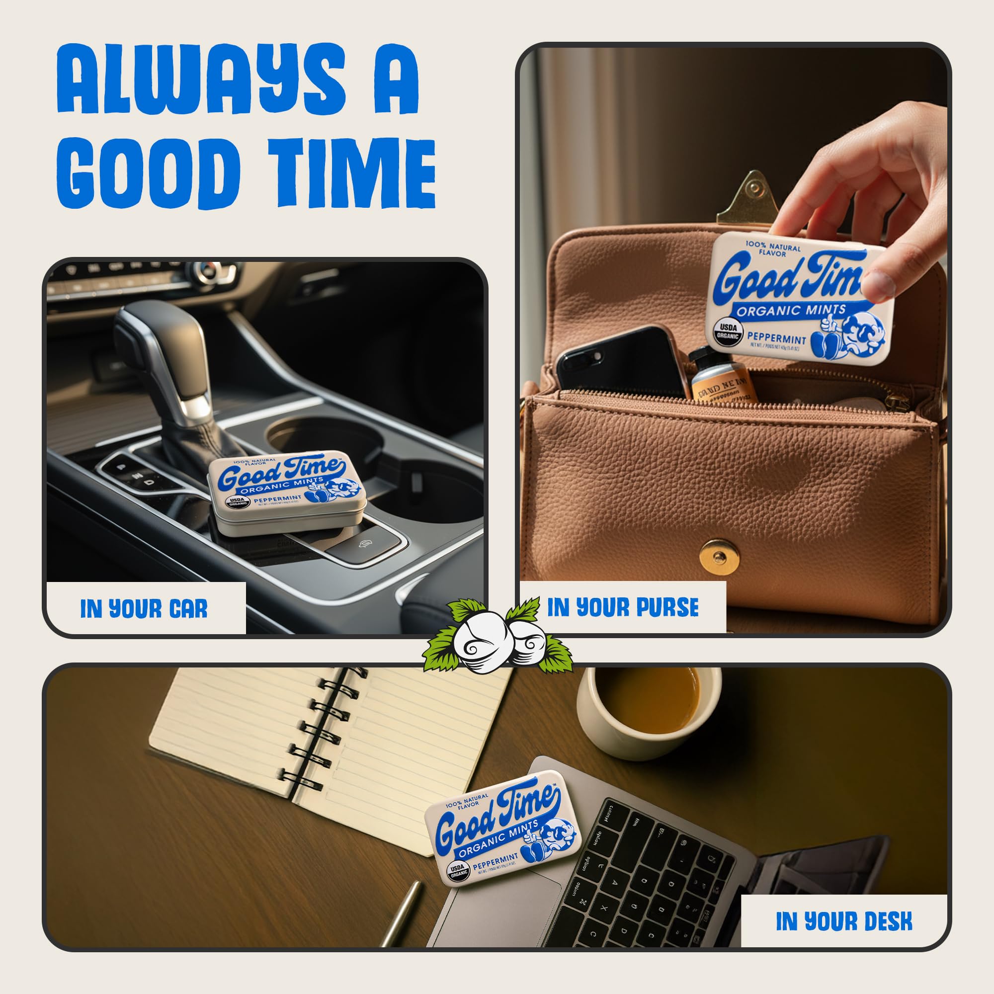 Good Time Organic Mints tin held in hand to show pocket-size scale and easy everyday carry
