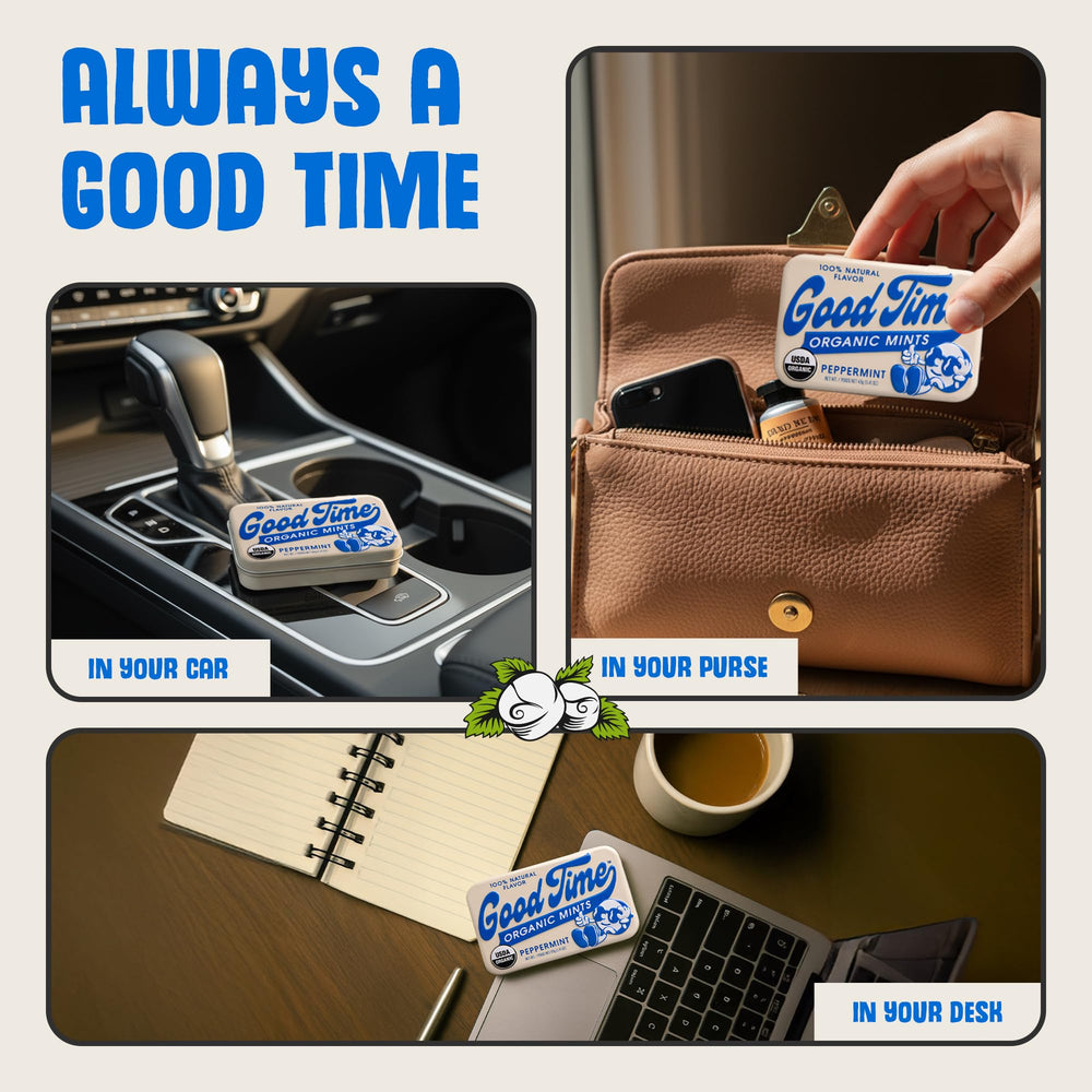 Good Time Organic Mints tin held in hand to show pocket-size scale and easy everyday carry