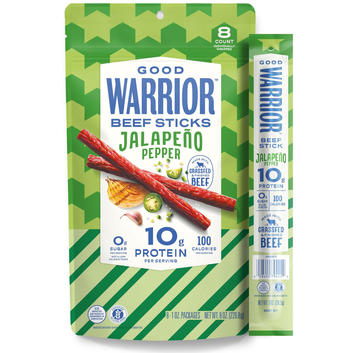 Good Warrior front pack showing jalapeño sticks and benefits