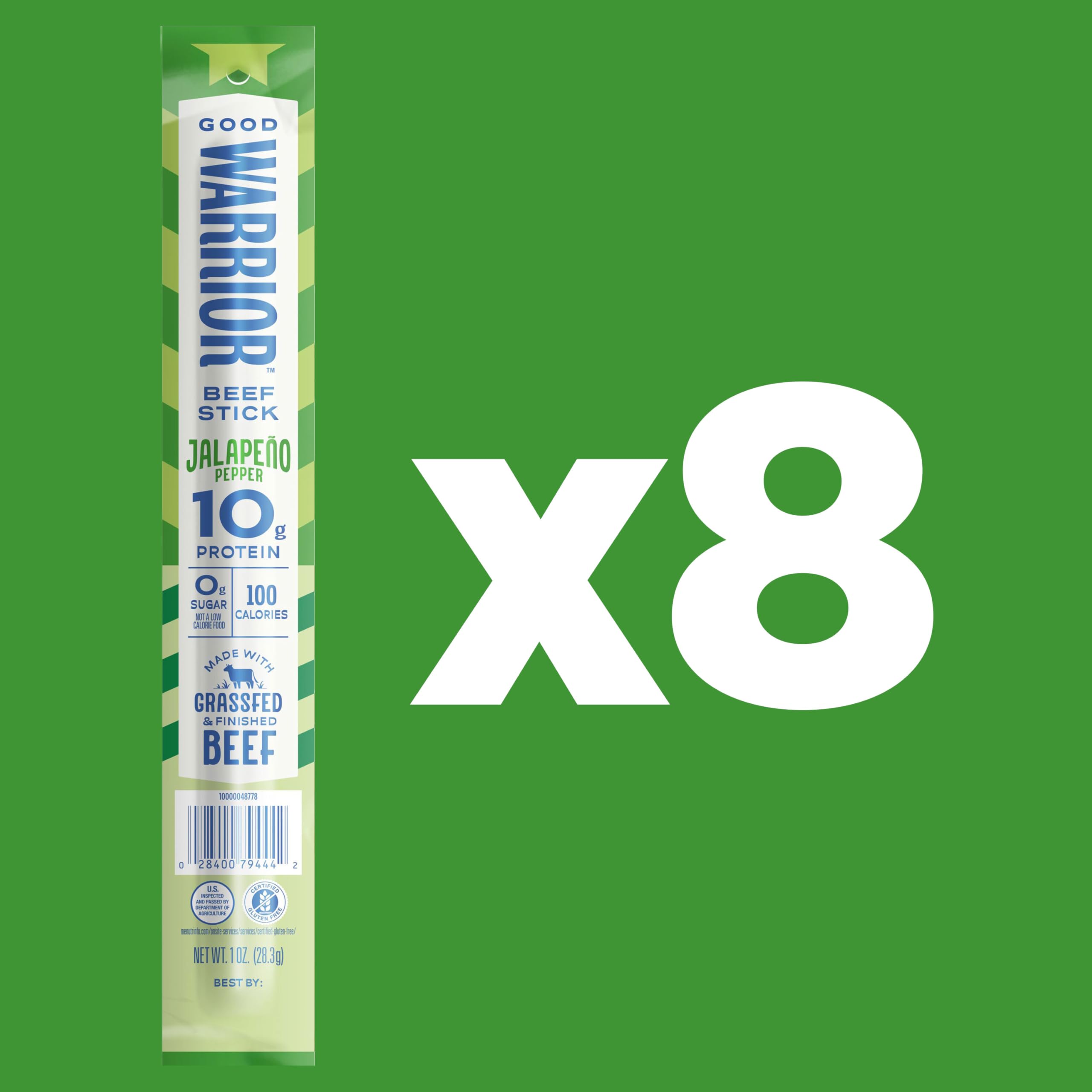 Good Warrior single jalapeño beef stick close-up showing texture