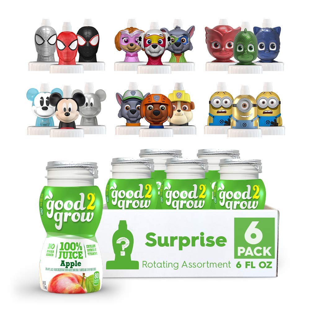 good2grow front packaging showing six apple juice bottles and surprise character tops for collectible fun