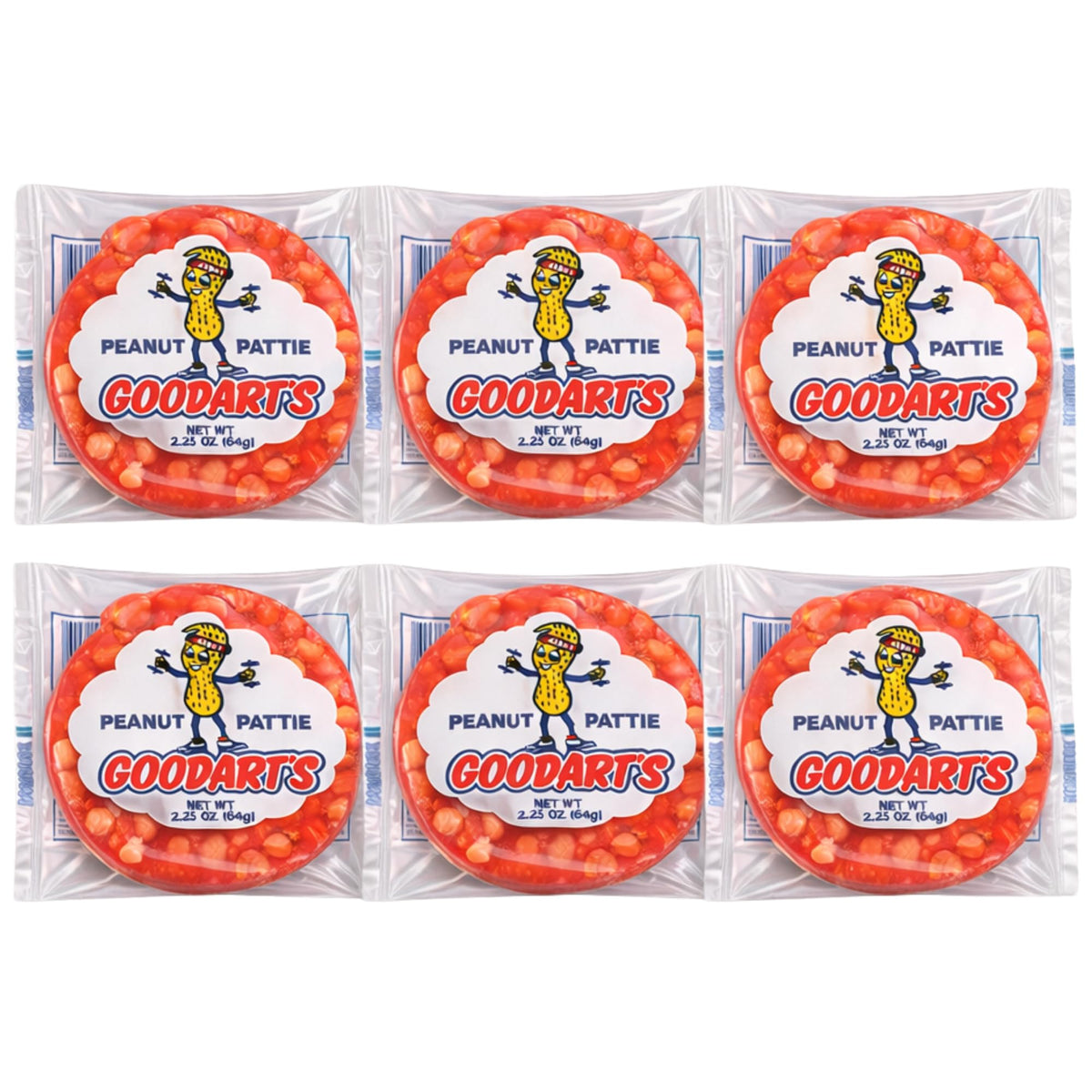 Goodart's front packaging showing six individually wrapped peanut bars and appeal