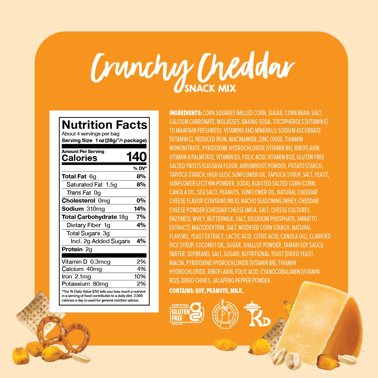 Close-up of Goodie Girl mix ingredients highlighting pretzels, corn jacks, and peanuts