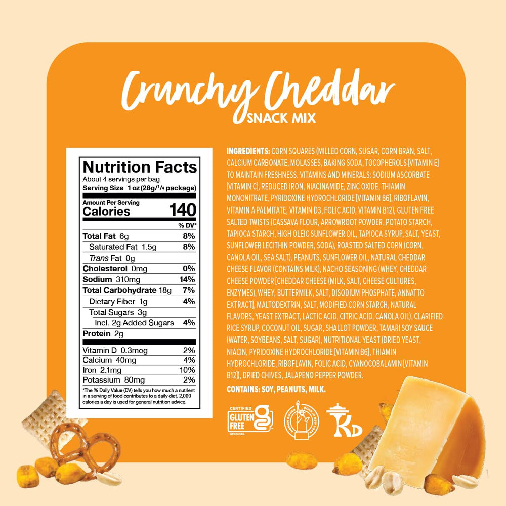 Close-up of Goodie Girl mix ingredients highlighting pretzels, corn jacks, and peanuts