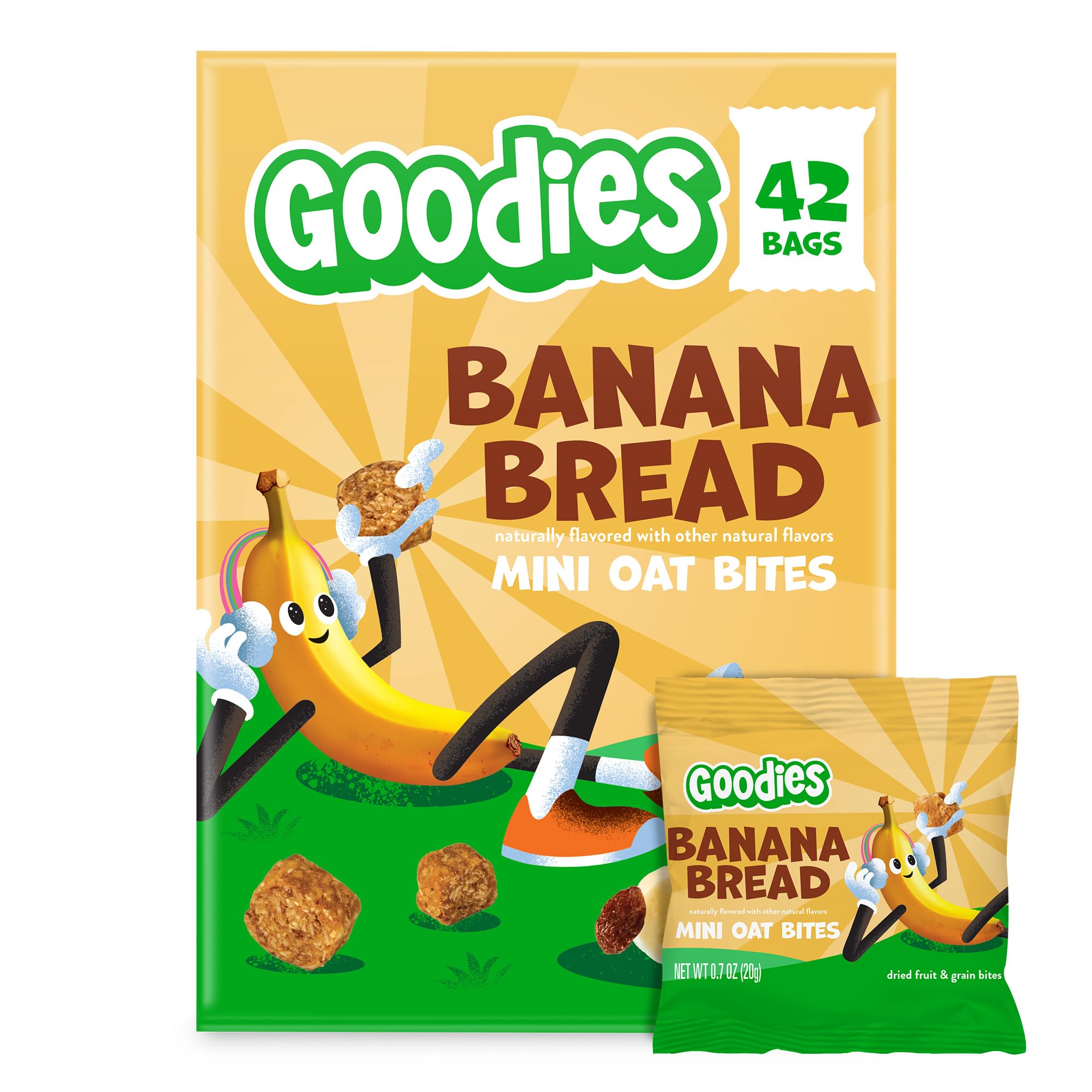 Goodies front packaging showing banana bread mini oat bites, clear snack visibility and convenience