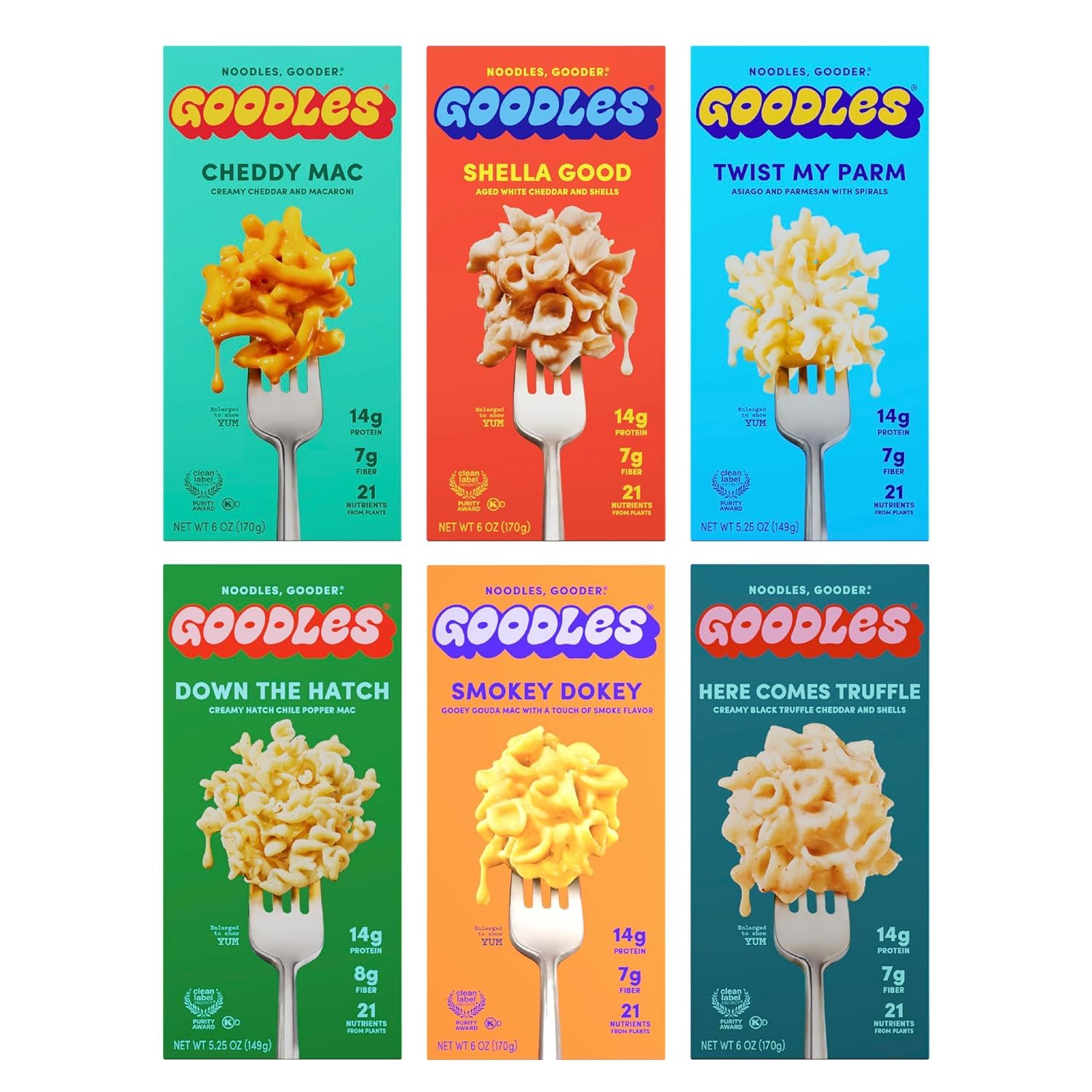 GOODLES front packaging assortment showing six flavor boxes and convenience