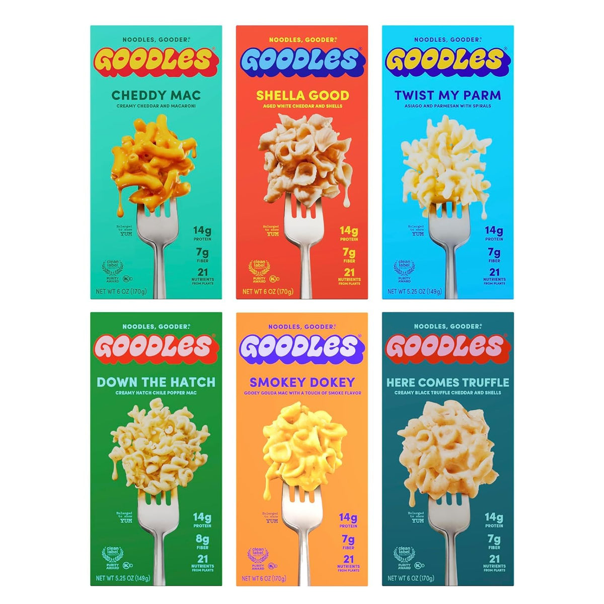 GOODLES front packaging assortment showing six flavor boxes and convenience