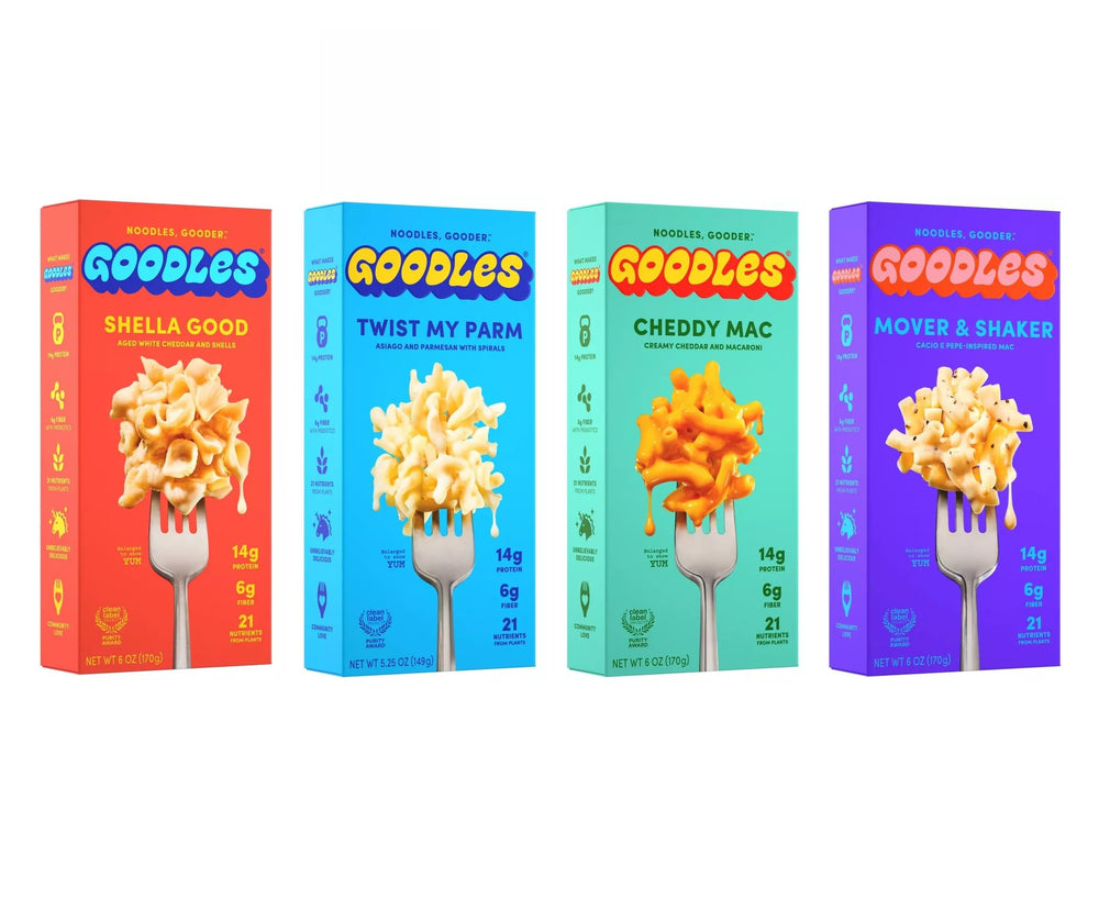 GOODLES front packaging of four-flavor pack showing variety and cleaner ingredients benefit