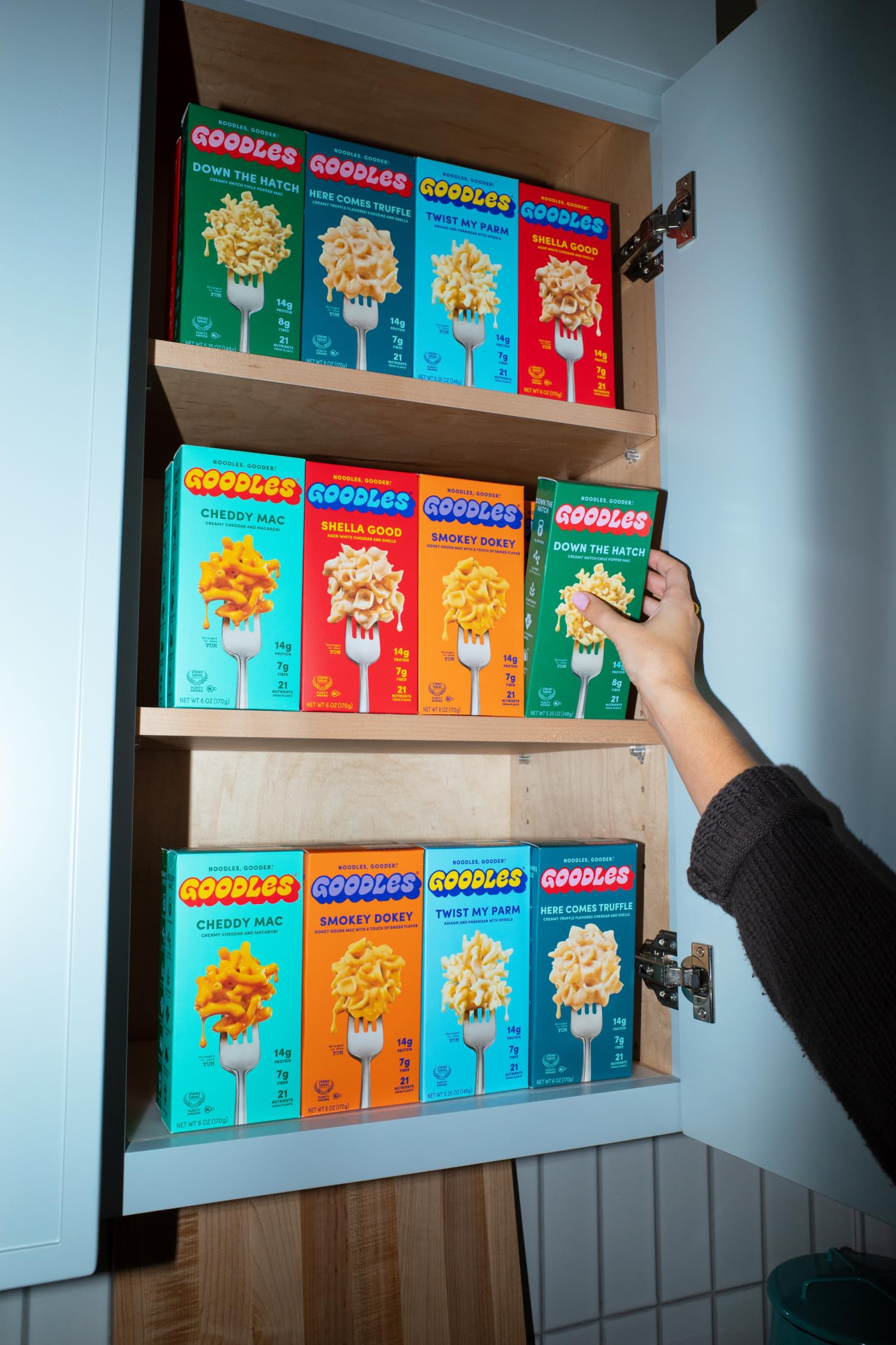 GOODLES single-serving box beside everyday items displaying portion size