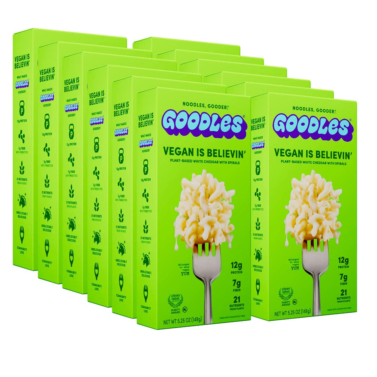 GOODLES front packaging showing vegan mac & cheese branding and benefits