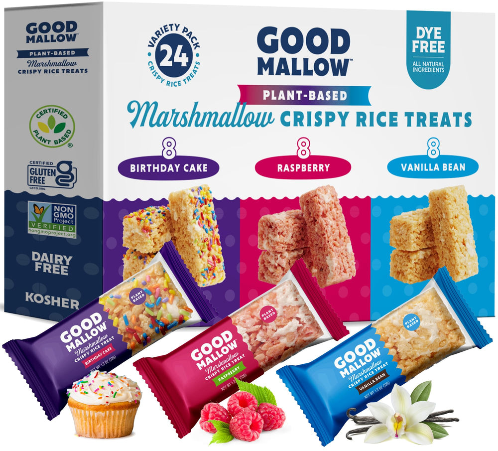GoodMallow front box showing 24 individually wrapped vegan treats and convenience