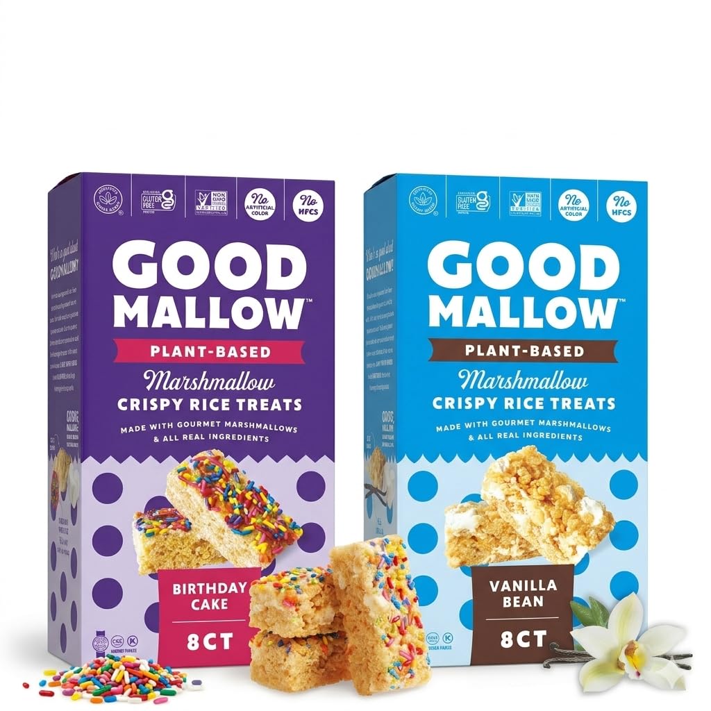 GoodMallow front packaging showing Vanilla and Birthday Cake flavors and kosher vegan benefit