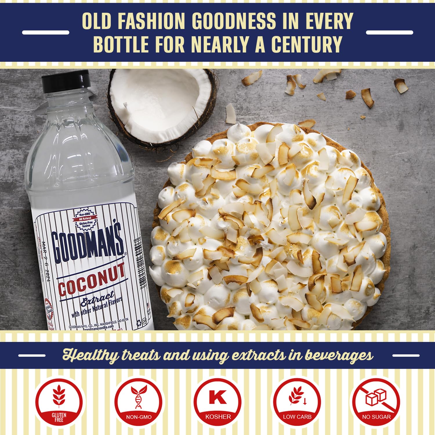 Goodman's coconut extract ingredient label close-up highlights no sugar and non-GMO benefits