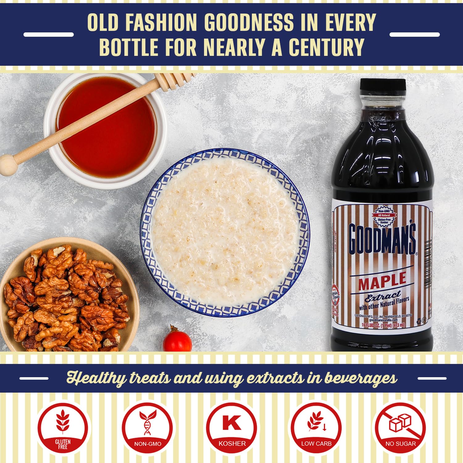 Goodman's bottle beside pancakes to show breakfast enhancement and flavor boost