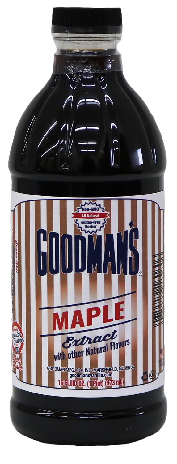 Goodman's front view of 1-pint bottle showing brand and product, clear maple benefit