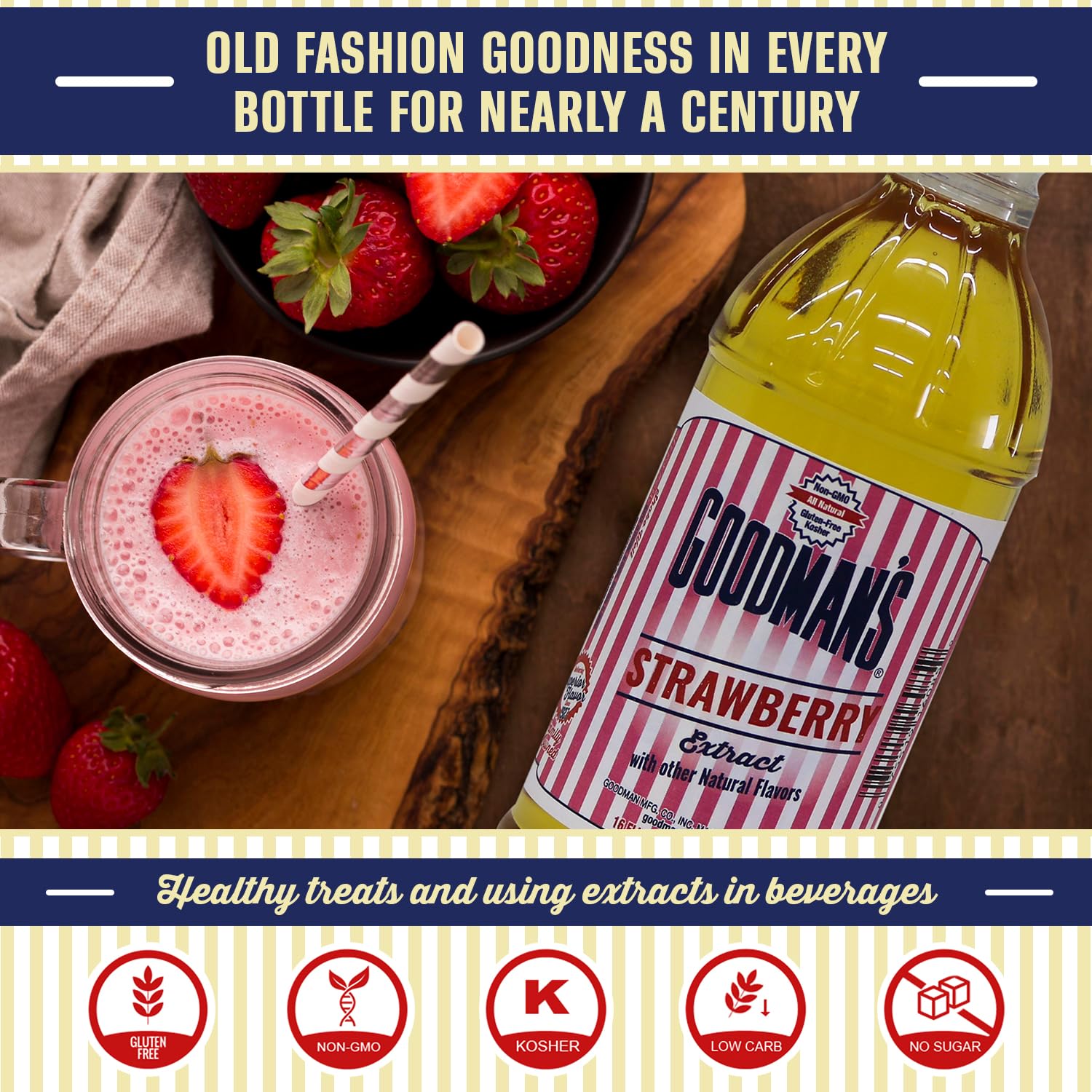 Goodman's pint bottle beside a measuring cup showing pantry-friendly size