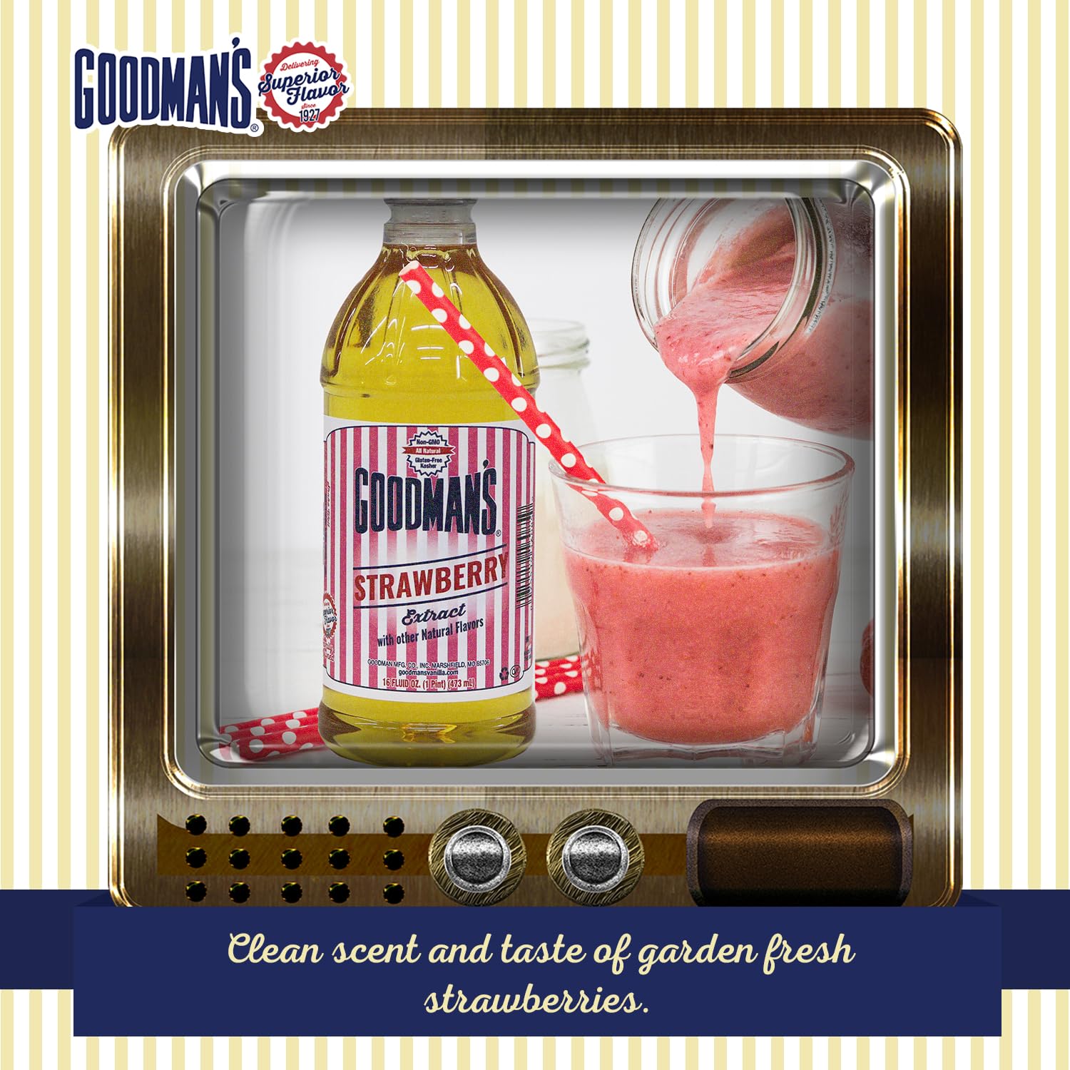 Goodman's extract swirled into ice cream adding authentic strawberry taste