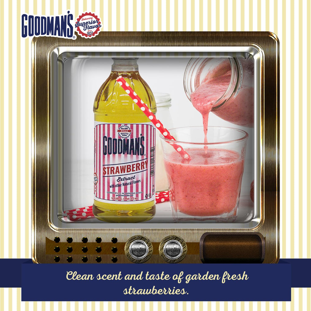 Goodman's extract swirled into ice cream adding authentic strawberry taste