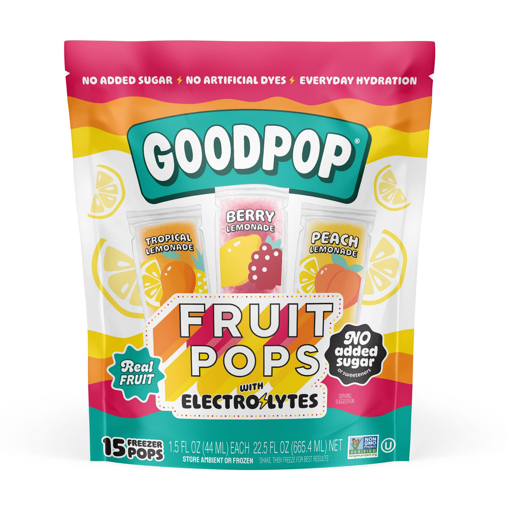 GOODPOP front packaging showing hydrating freezer pops and convenience