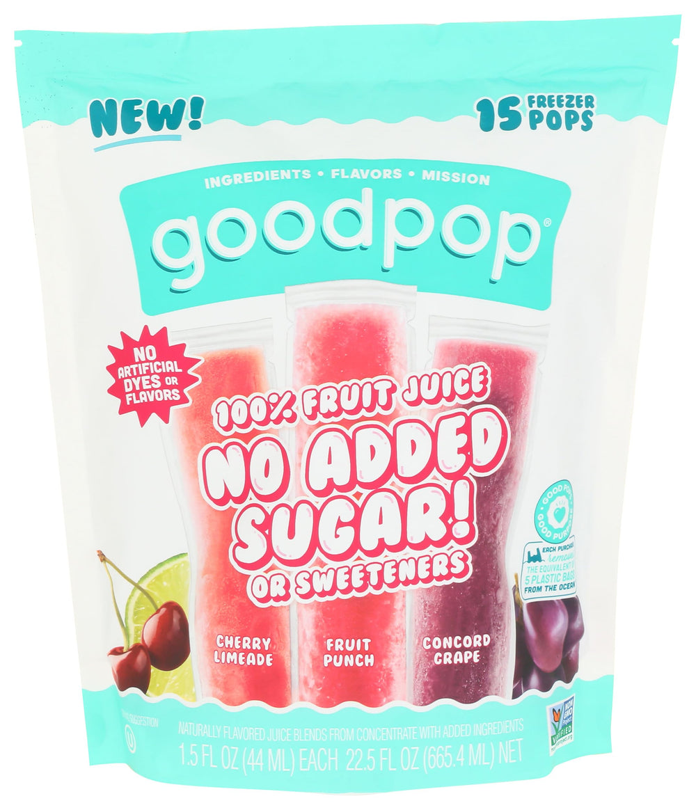 GOODPOP front packaging showing 15-count box and colorful fruit graphics for quick selection