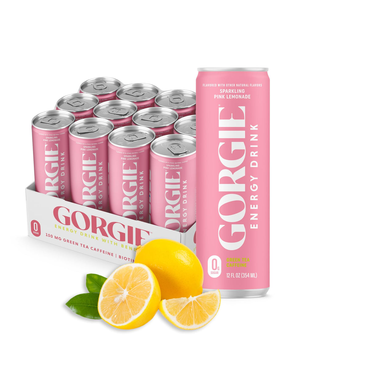 GORGIE pink lemonade front packaging showing a 12-pack and bright cans, clear shelf appeal