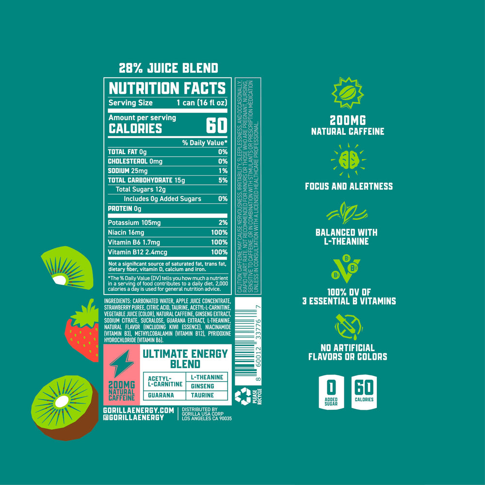 Gorilla Energy side label displaying ingredients and caffeine source, clarifies natural formulation