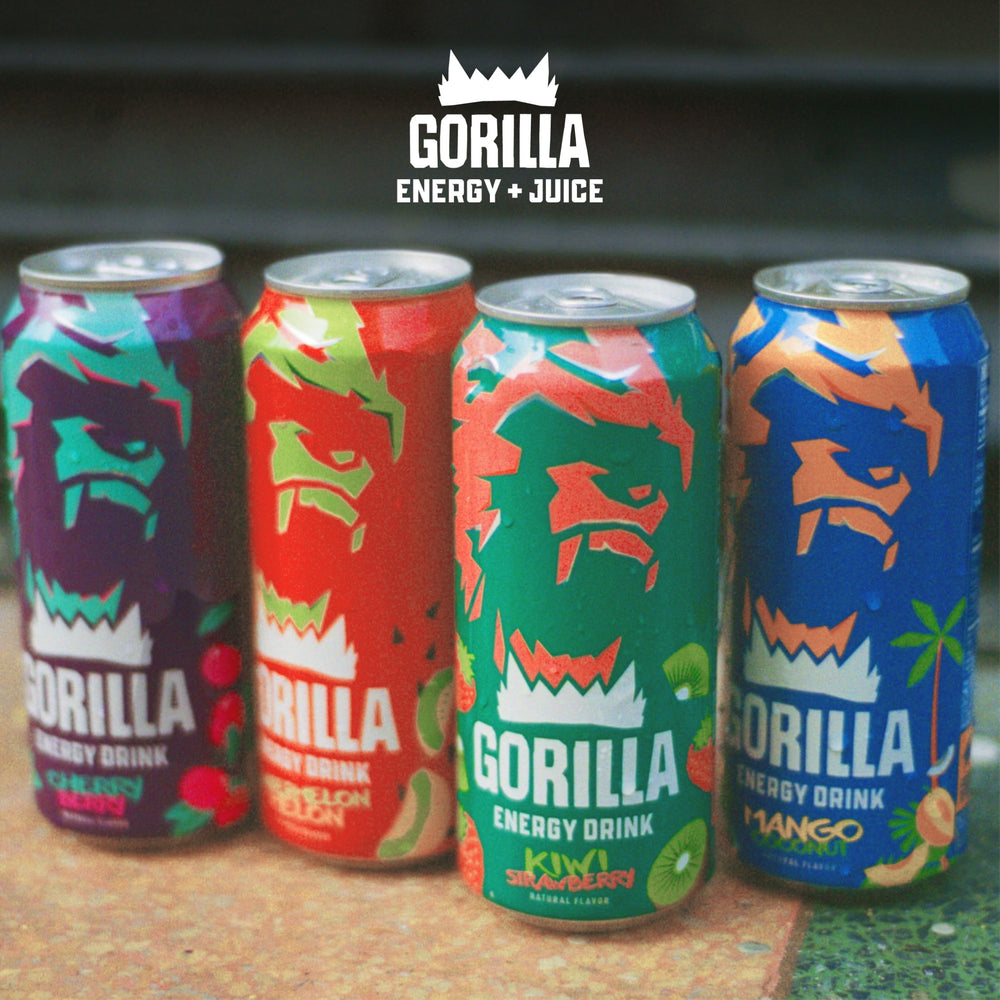 Gorilla Energy can in outdoor setting with active lifestyle, conveys energy for adventures