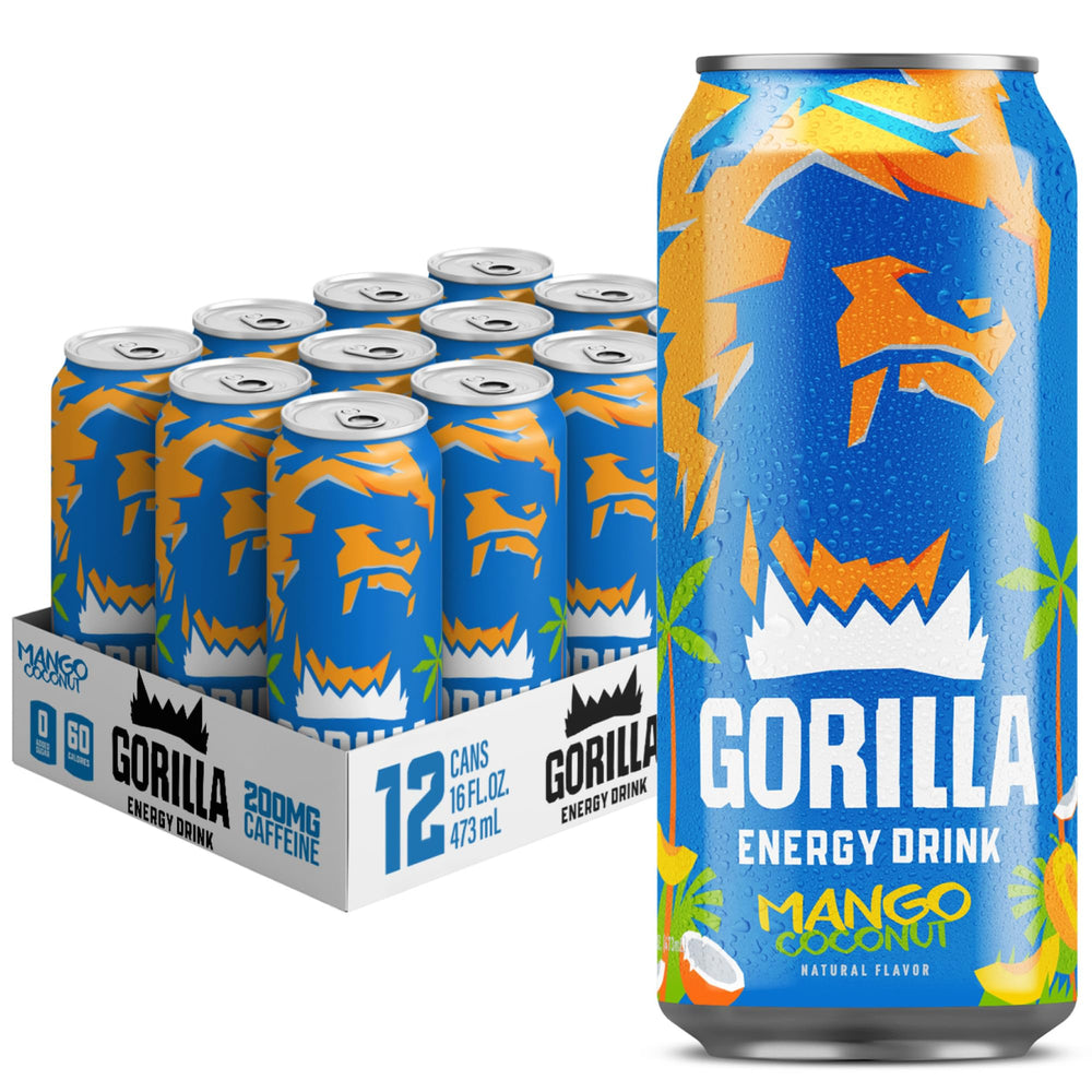Gorilla Energy front can view showing mango coconut flavor and bold branding, appeals with natural boost
