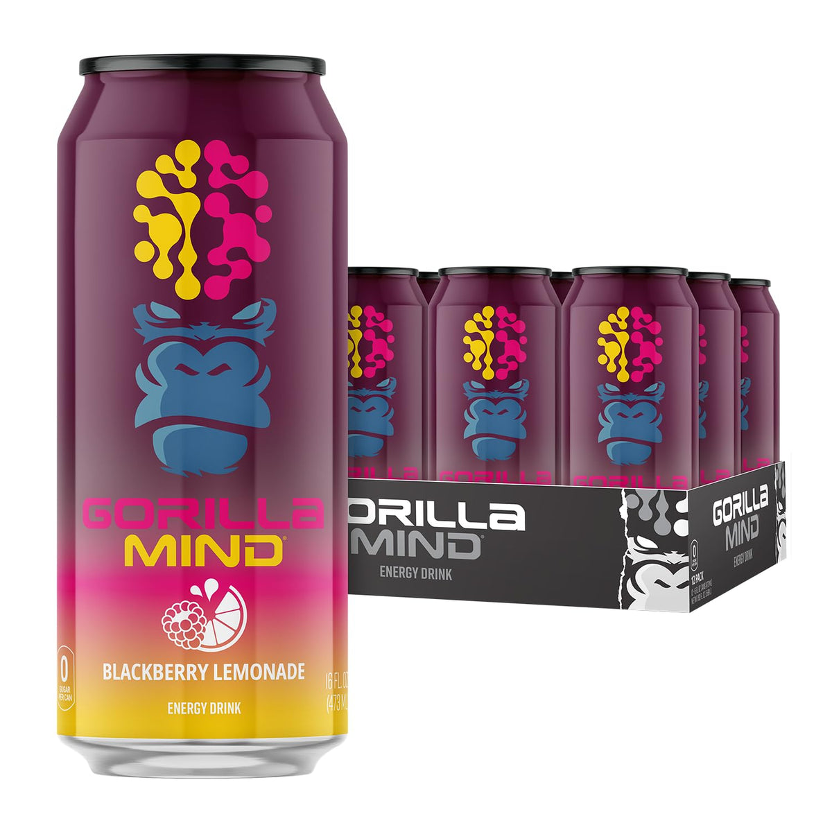 Gorilla Mind front can showing blackberry lemonade flavor and energizing look