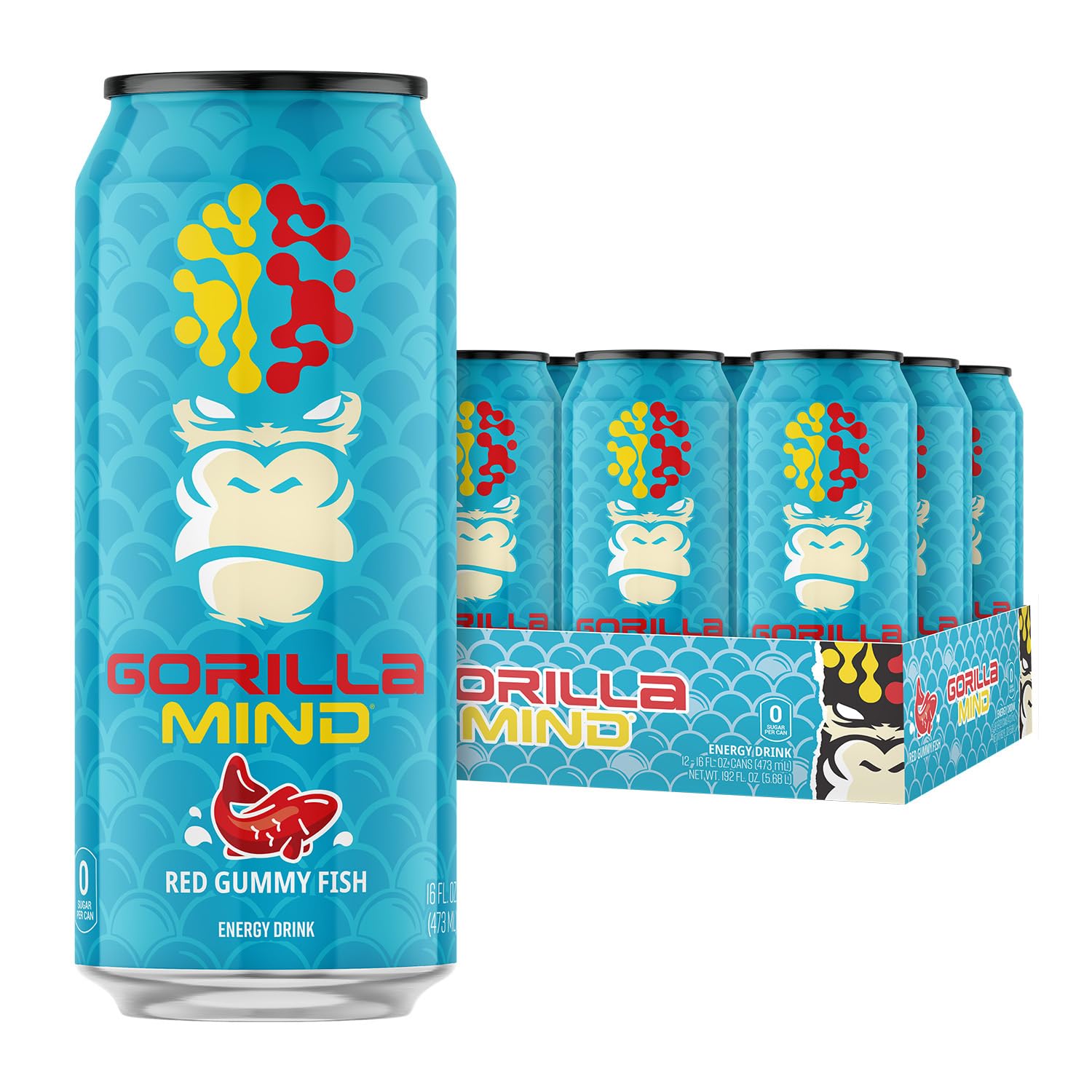 Gorilla Mind front can shot showing Red Gummy Fish branding and nutrition