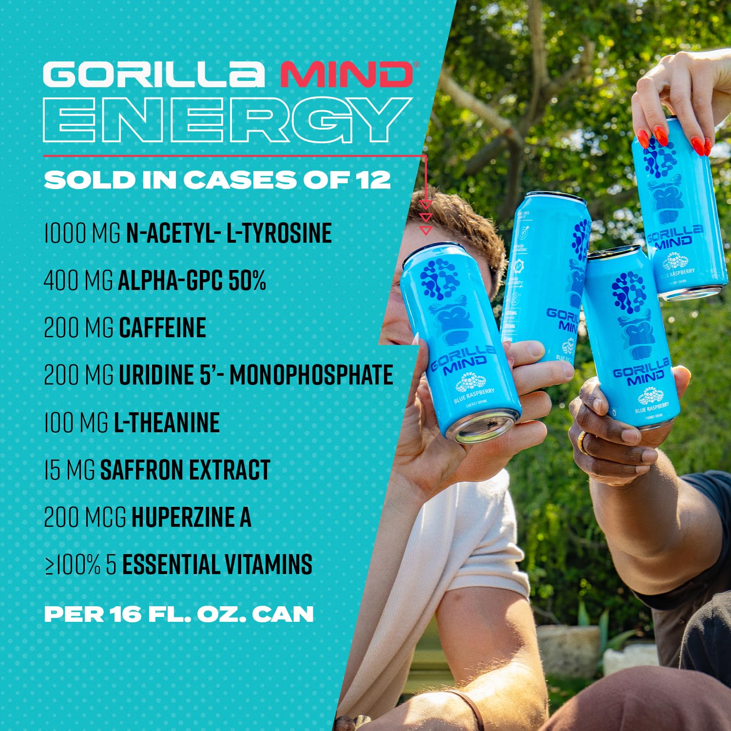 Gorilla Mind can in hand for scale showing 16oz size convenience benefit