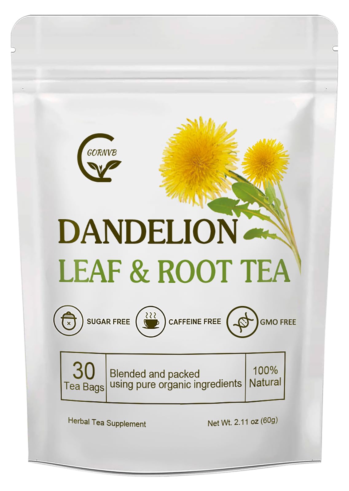 GORNVB front packaging showing 30 tea bags and organic labeling benefits