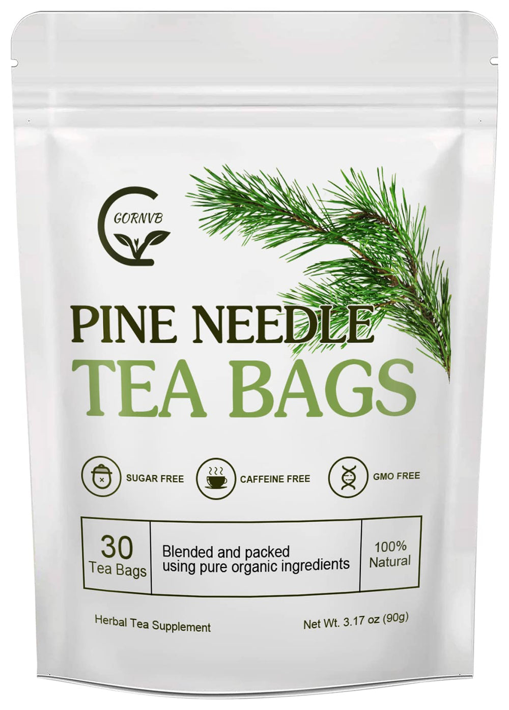 GORNVB front packaging showing 30 tea bags and natural pine branding for clarity