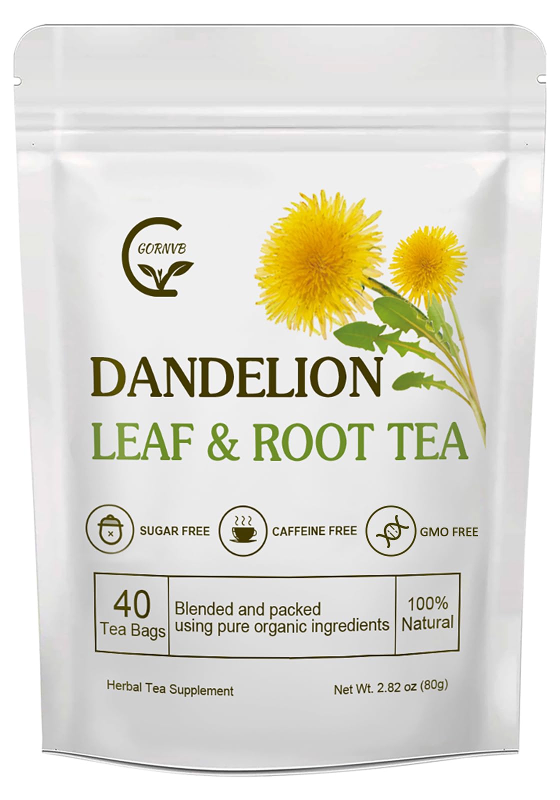 GORNVB front packaging showing organic dandelion tea and benefits