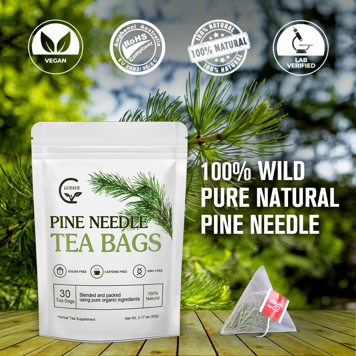 GORNVB product label and ingredient list emphasizing wild-harvested pine origin