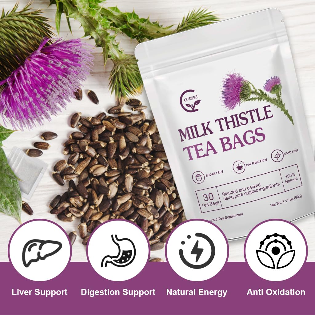 gornvb tea bag close-up revealing organic milk thistle content and easy brewing