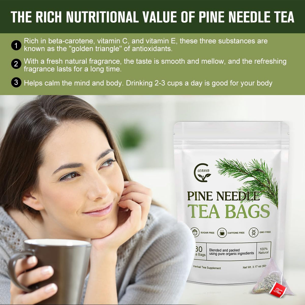 GORNVB brewed pine needle tea steaming in cup offering calming aromatic benefit