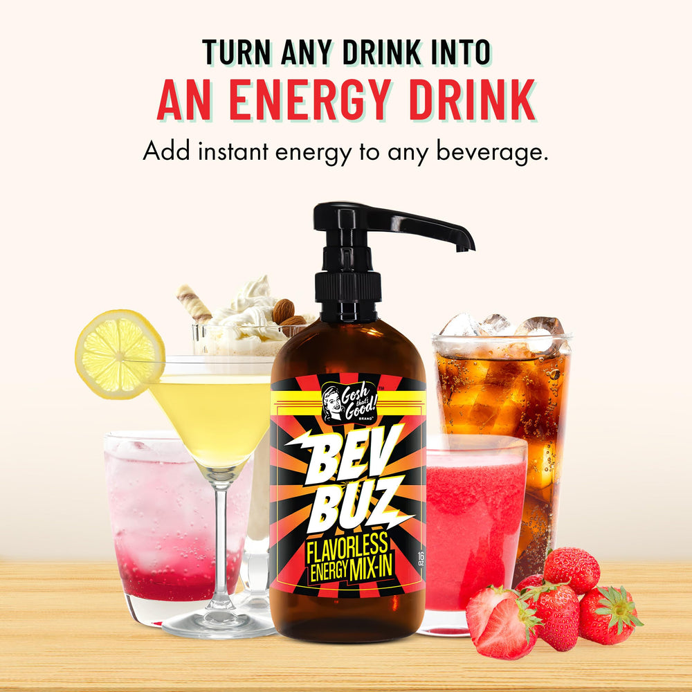 Gosh That's Good! BEV BUZ angled bottle shot highlighting compact 64-serving format for storage
