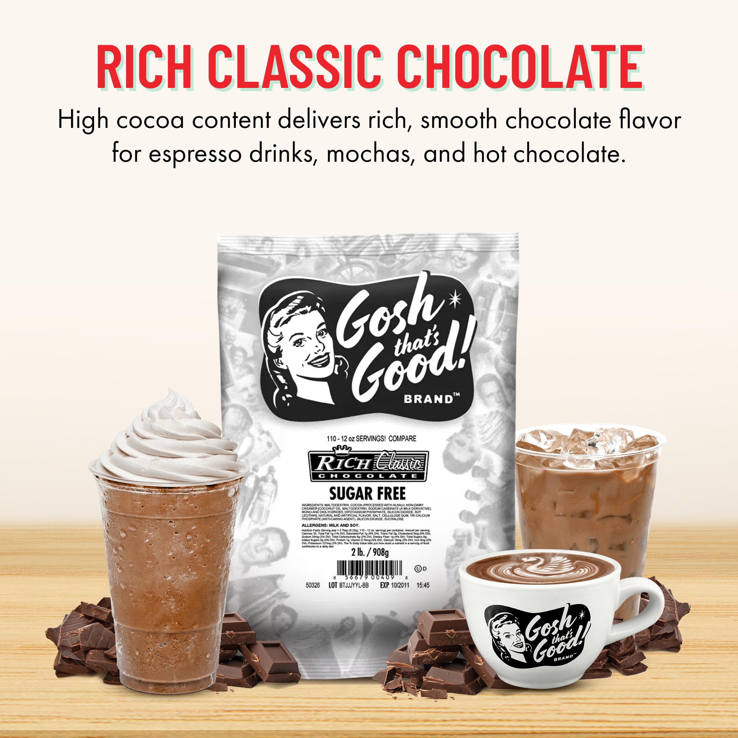 Gosh That's Good! open tub with sugar-free chocolate powder visible for easy scooping