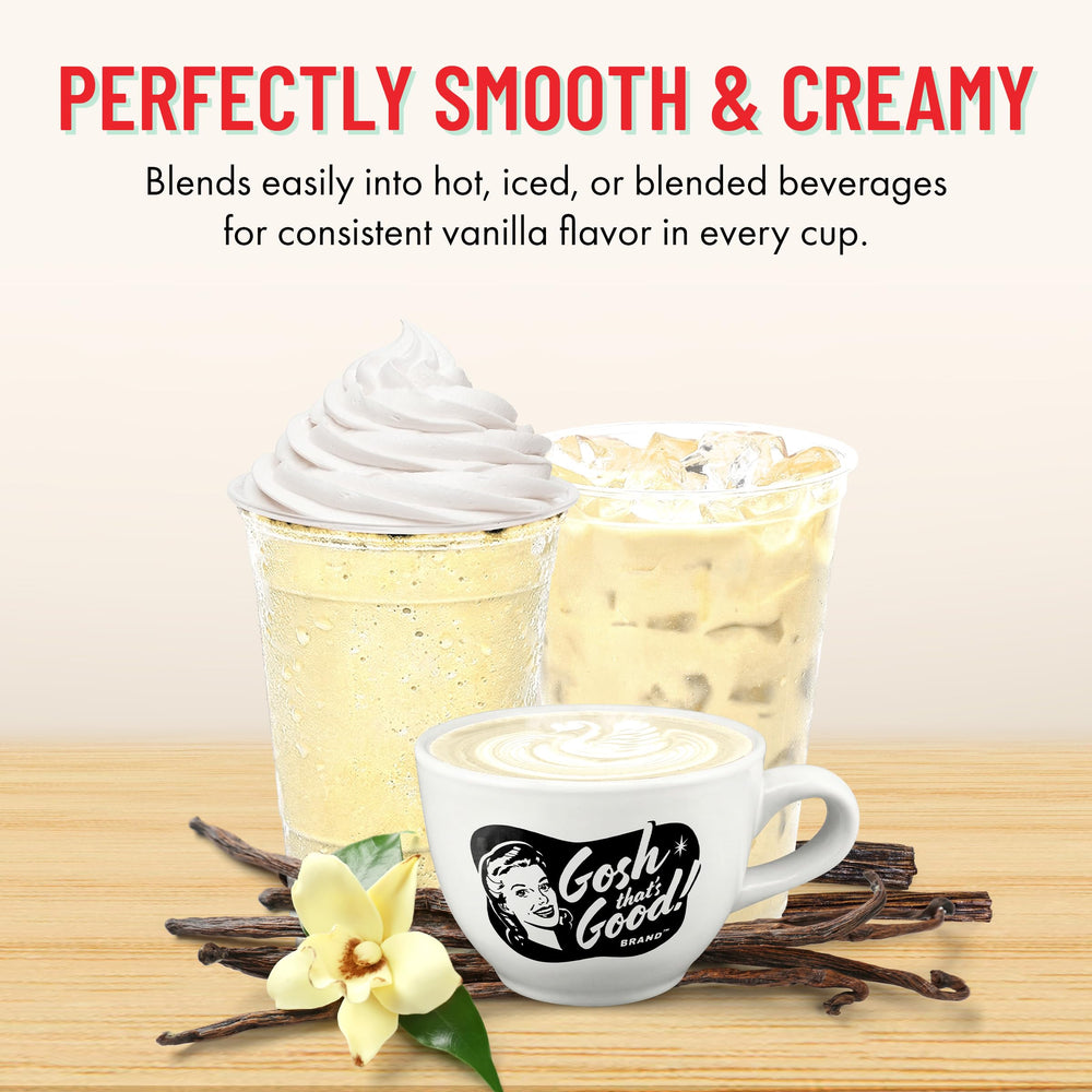 Gosh That's Good! powder being stirred into a mug offering creamy white chocolate drink