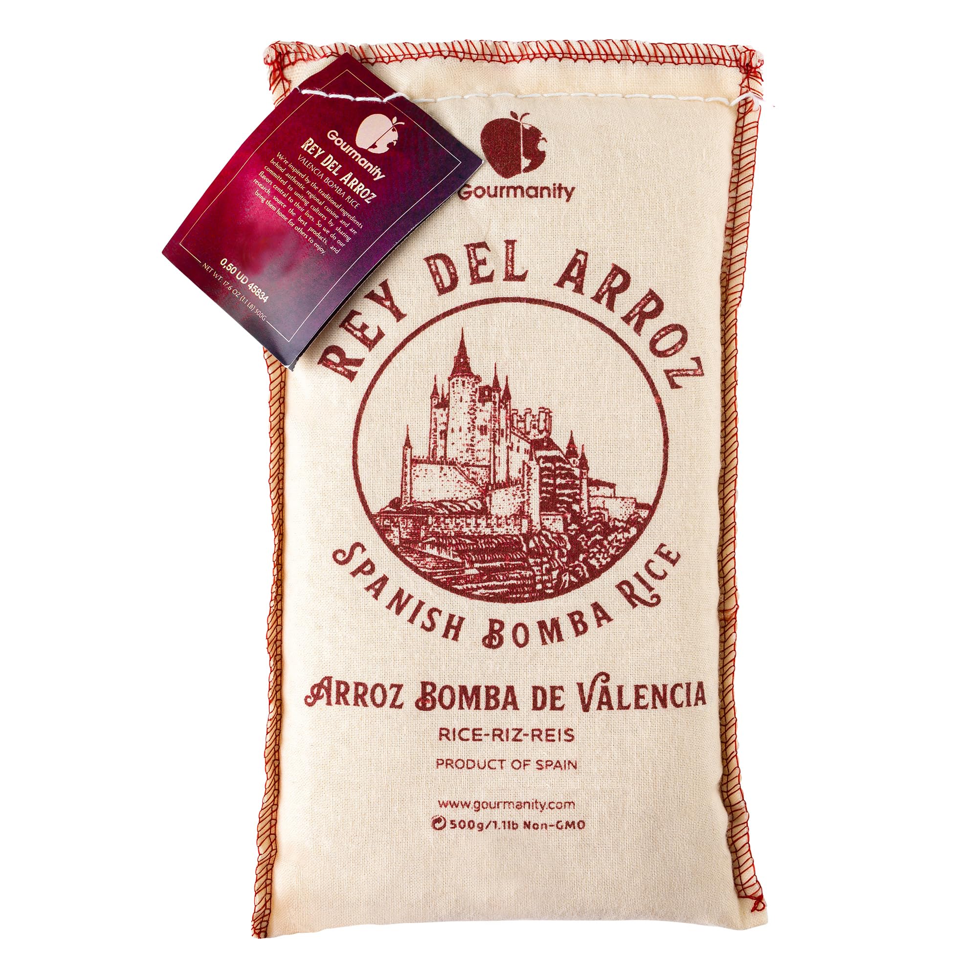 Gourmanity front packaging displaying 500g Bomba rice and authentic origin benefits
