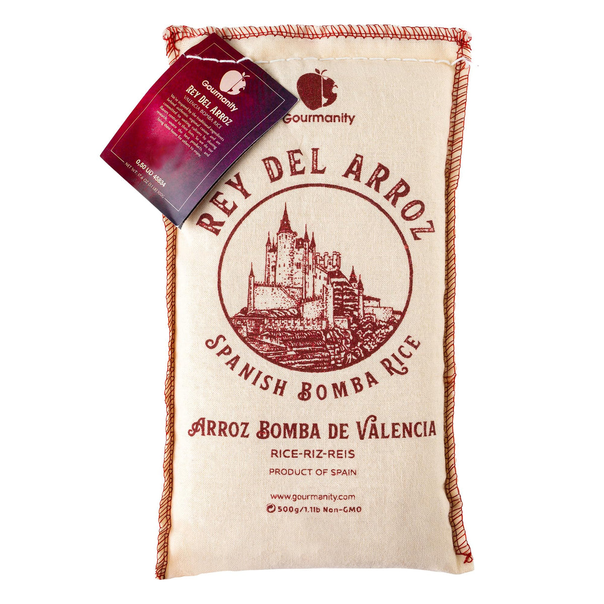 Gourmanity front packaging displaying 500g Bomba rice and authentic origin benefits