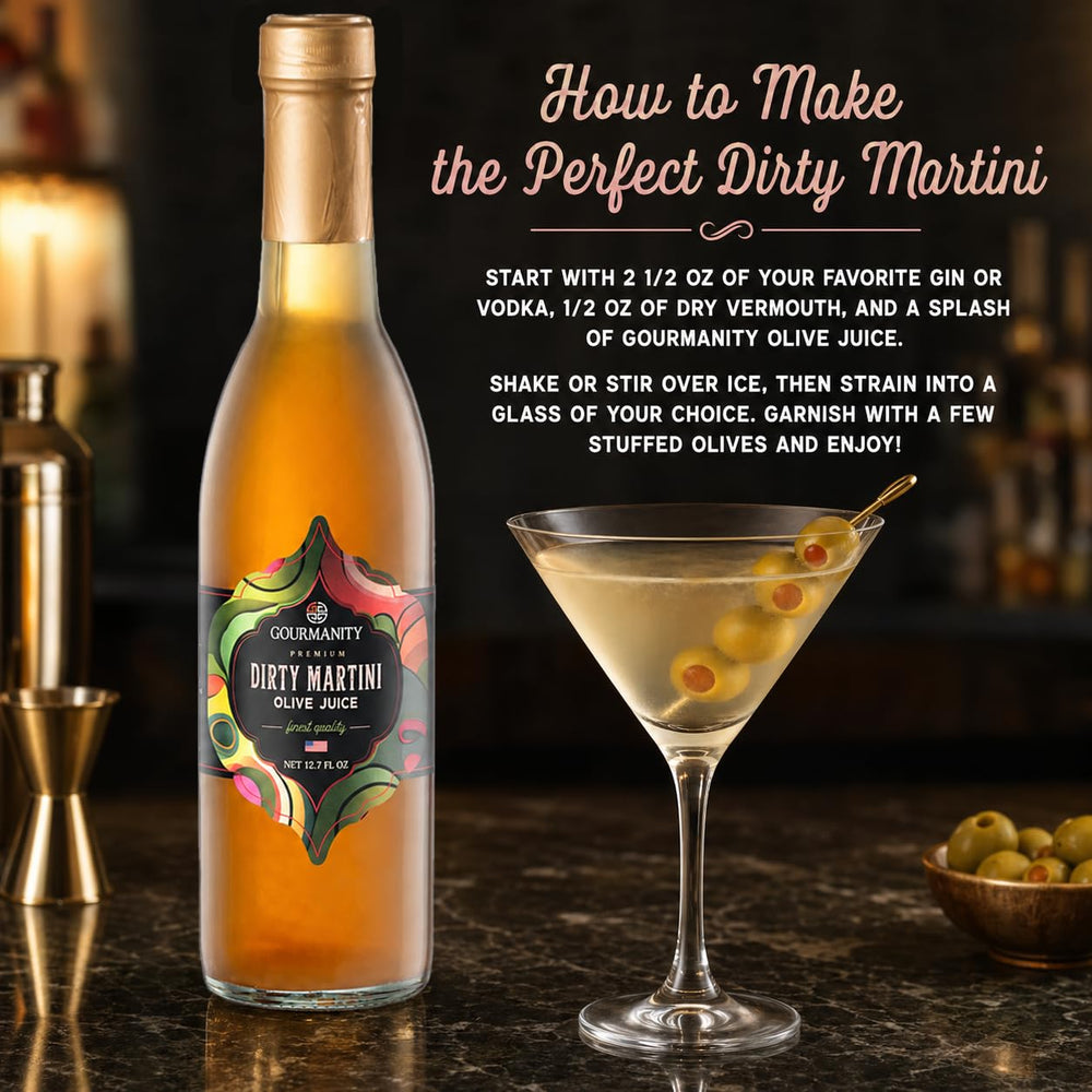 Gourmanity brine pouring from bottle into measuring jigger for precise cocktail control