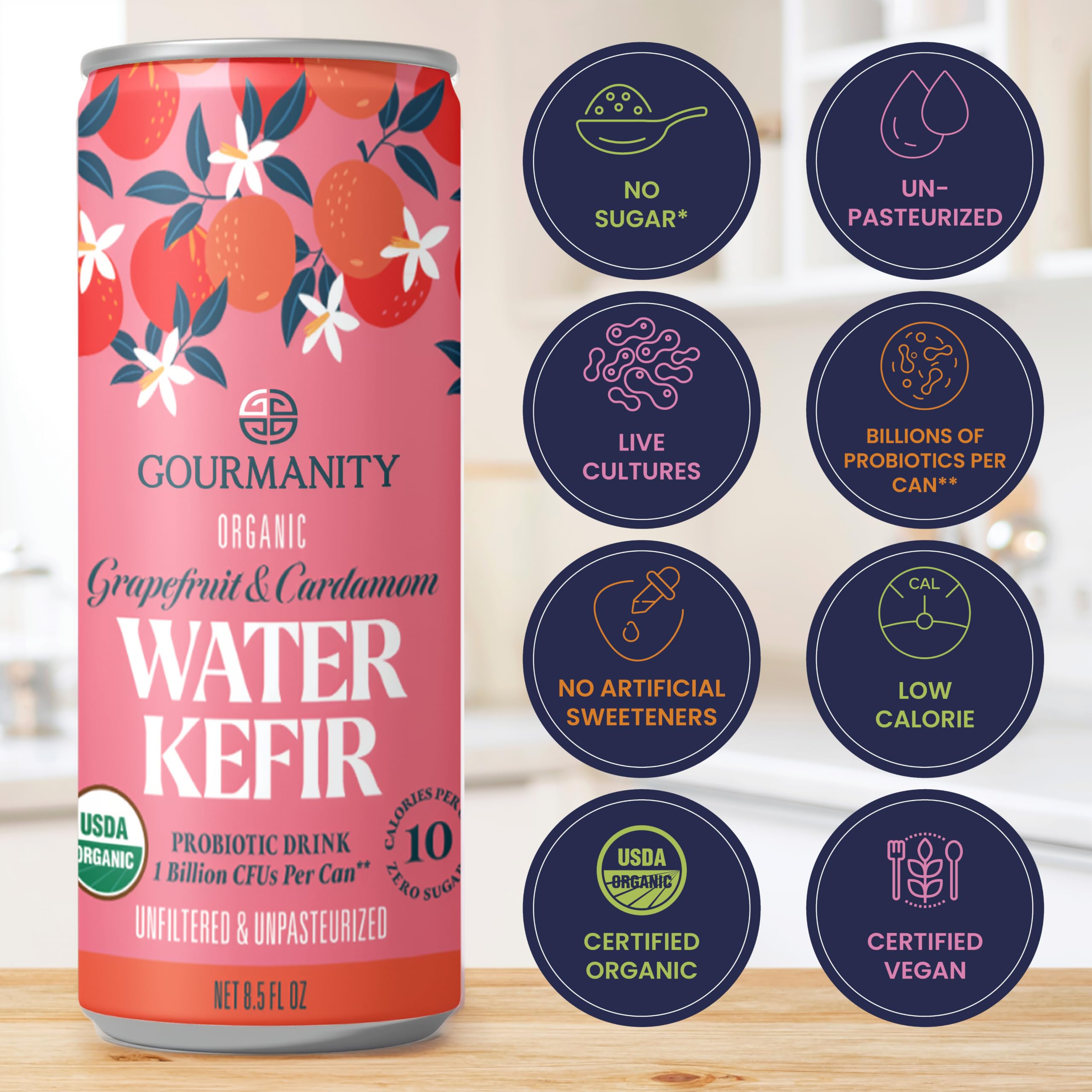 Gourmanity pouring a can into a glass, showing bubbles and a refreshing drink benefit