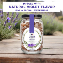Gourmanity close-up of a violet honey lozenge texture, reveals caramelized sheen and color