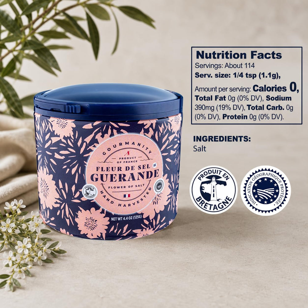 Gourmanity fleur de sel jar in gift box showing presentation-ready benefit