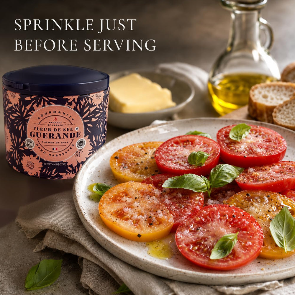 Gourmanity fleur de sel flakes atop caramel highlighting flavor contrast benefit