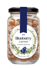 Gourmanity jar front view showing blueberry honey lozenges and elegant packaging, gift-ready