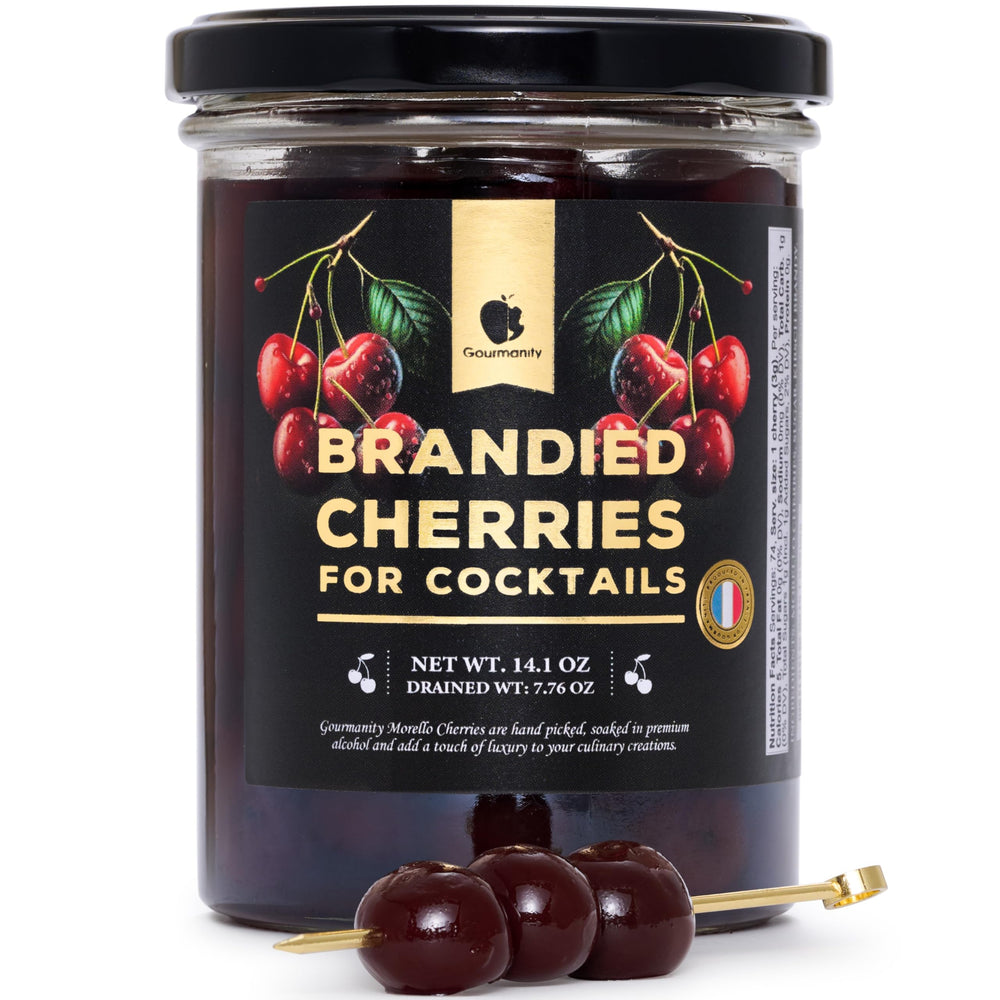 Gourmanity jar front view showing label and cherries, enhances cocktail presentation