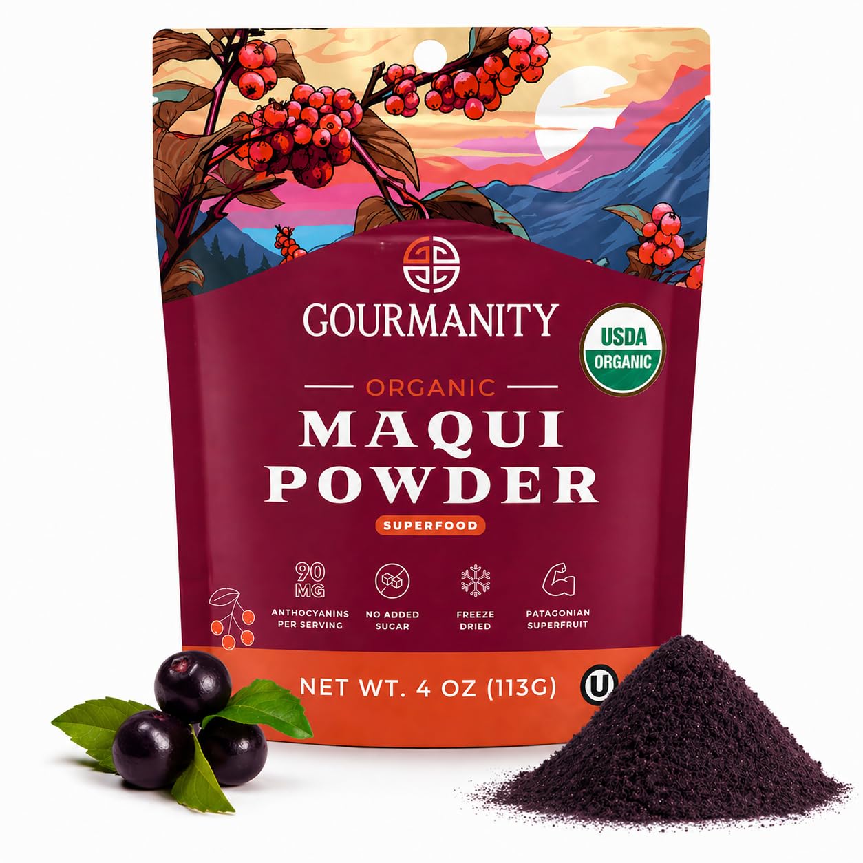 Gourmanity pouch front view showing product branding and vibrant purple color